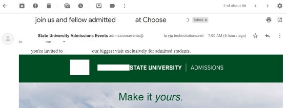 Email screen shot inviting prospective student to attend event that is exclusively for admitted students