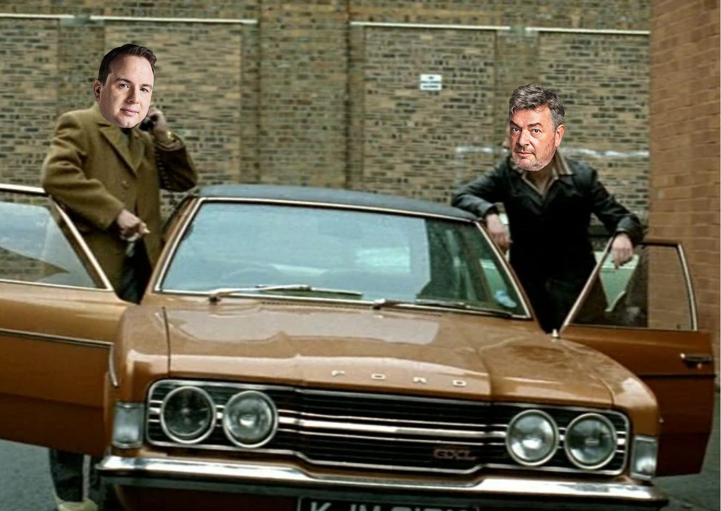 'Comedia' Matt Forde and David Aaronovitch (in a natty fake leather jacket) remake Ashes to Ashes, Ford Granada included