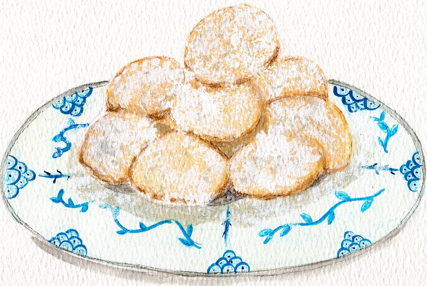 Illustration of a plate full of Pecan Puffs on a Wedgewood blue plate.