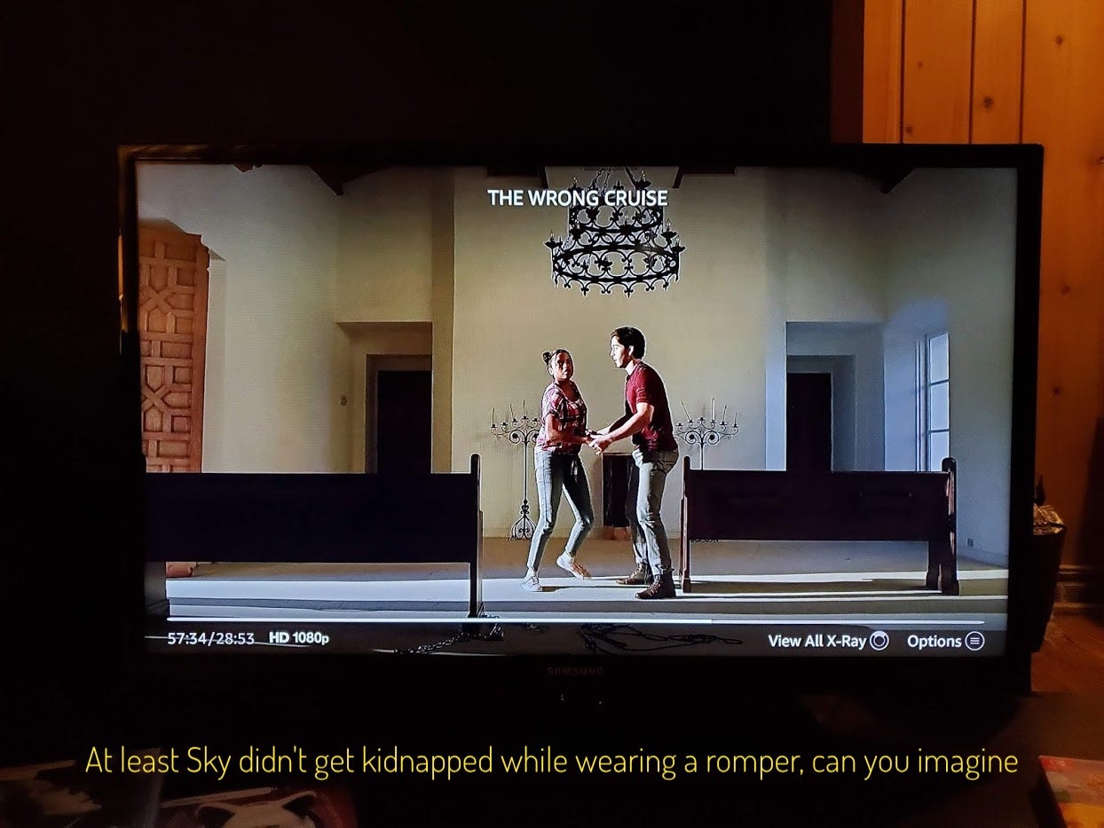 An anxious Sky and Rico in a room with two pews, two candelabras, and a wrought iron chandelier, captioned "At least Sky didn't get kidnapped while wearing a romper, can you imagine"