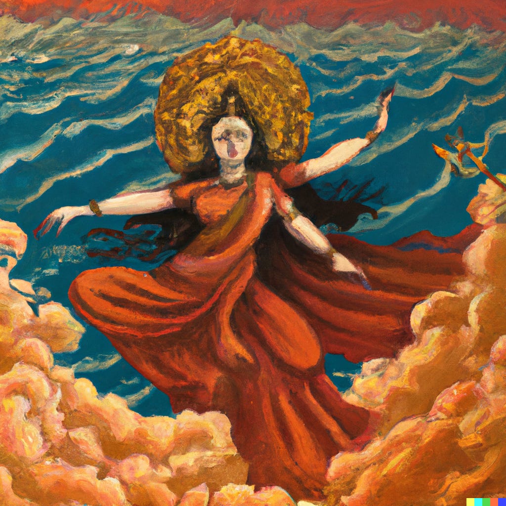 A light-skinned woman in a red sari dances between turquoise ocean waves and orange earth, under a red sky. Her long dark hair waves around her head. She has multiple arms and a goddess halo behind her head.