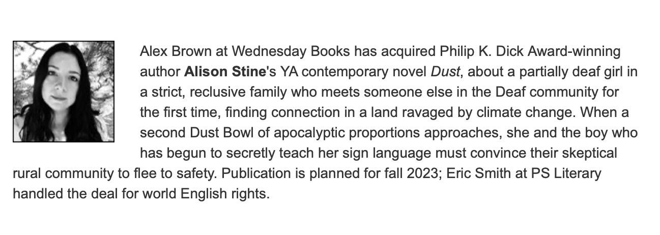 The Publisher's Weekly blurb about the novel DUST by Alison Stine. There is an image of a person with long black hair, looking in the camera, trees in the background.