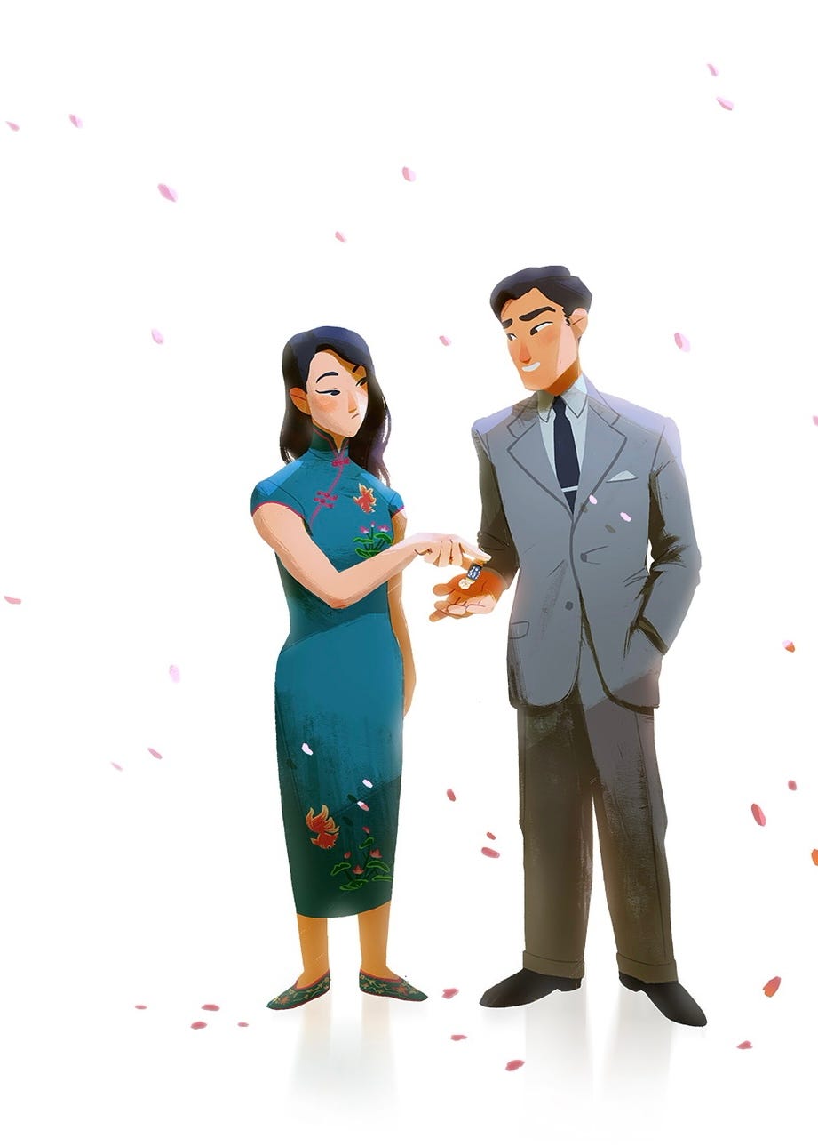 A skeptic all Chinese woman in a blue qipao takes a tootsie roll from a handsome Chinese man in a grey suit