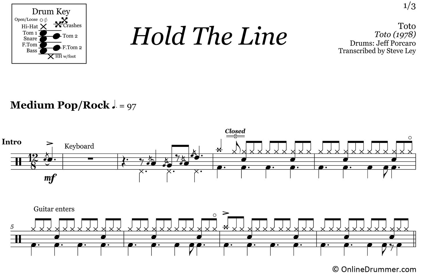Hold The Line - Toto - Drum Sheet Music | OnlineDrummer.com