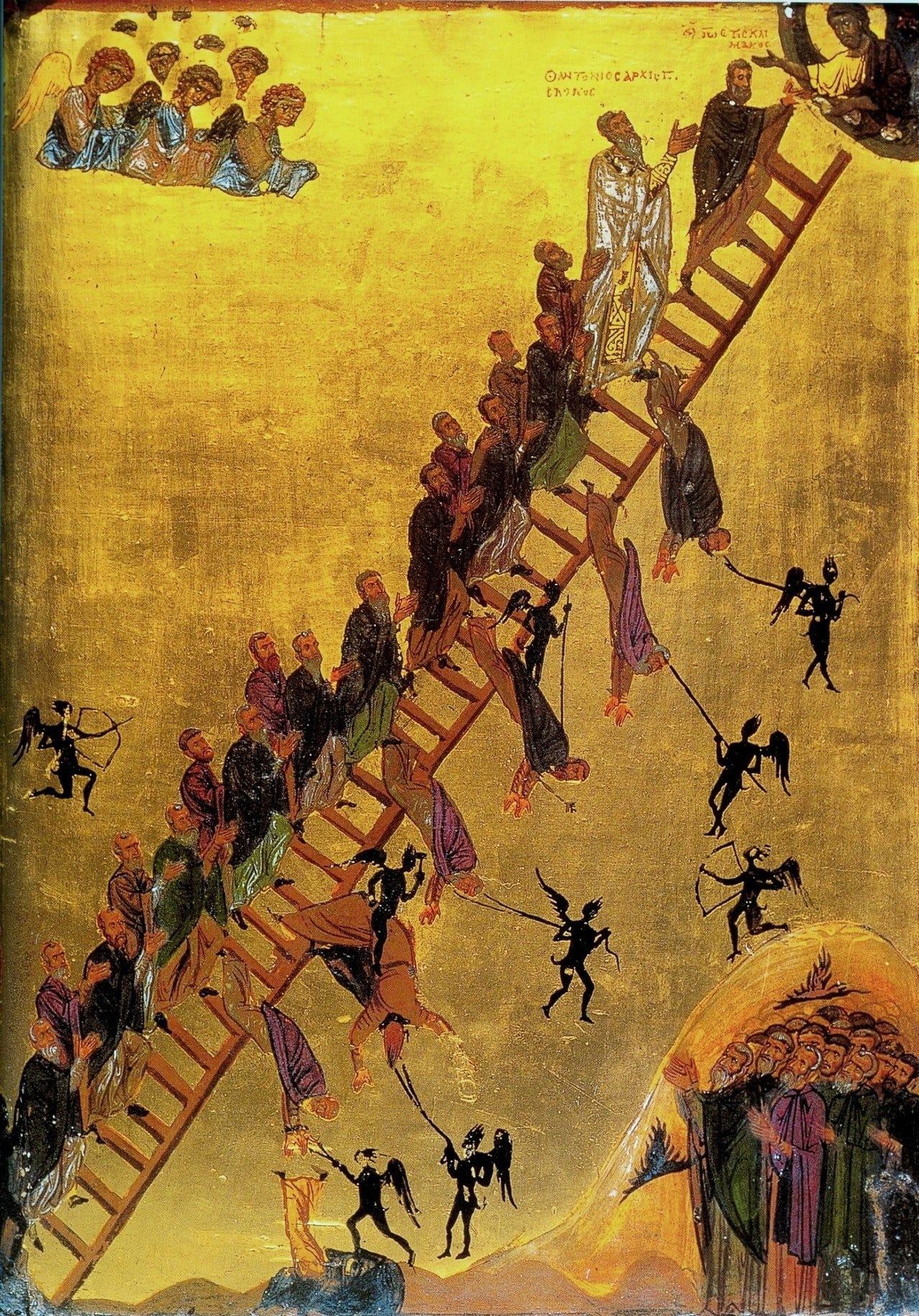 John Climacus is shown at the top of the The Ladder of Divine Ascent icon, with other monks following him, 12th-century icon (Saint Catherine's Monastery, Mount Sinai, Egypt)