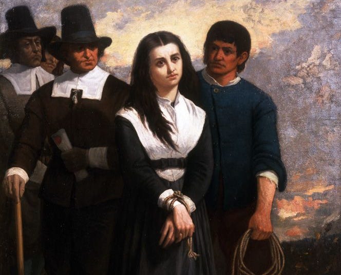 Salem witch trials: Stern Puritan men lead a young accused witch to be hanged. Her hands are bound and she looks sad.