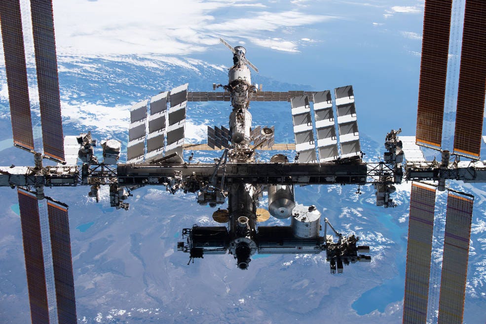 The International Space Station is pictured from the SpaceX Crew Dragon Endeavour during a fly around of the orbiting lab that took place following its undocking from the Harmony module’s space-facing port on Nov. 8, 2021.