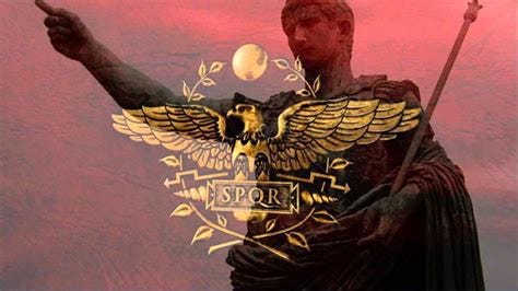 Roman Emperor Caesar pointing in the distance. Emblem with SPQR superimposed.