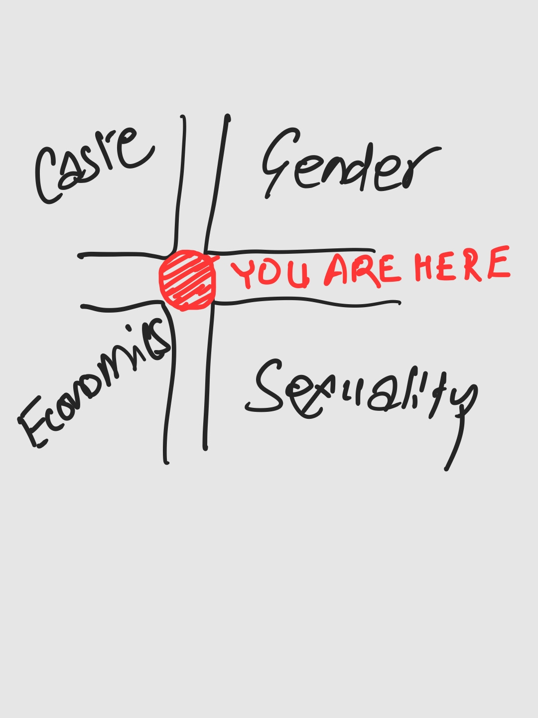There are four paths labelled caste, economics, sexuality, and gender. The point of convergence is labelled "you are here".