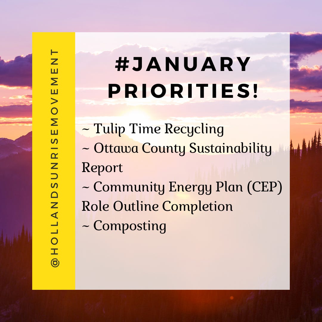 [Image description: on background of sunset, with yellow rectangle stretched horizontally to the left and grey text reading @hollandsunrisemovement. White semi-transparent rectangle attached to the yellow one lists priorities in grey text under heading: “#JanuaryPriorities!”. Priorities are: “Tulip Time Recycling, Ottawa County Sustainability Report, Community Energy Plan (CEP) Outline Completion, Composting.”]