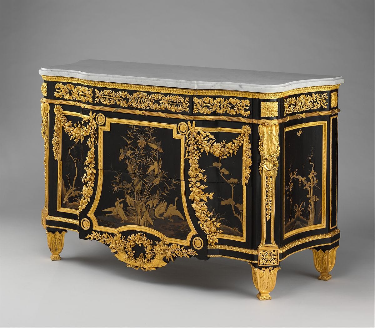 Commode (Secrétaire à abattant), Jean Henri Riesener (French, Gladbeck, North Rhine-Westphalia 1734–1806 Paris), Oak veneered with ebony and 17th-century Japanese lacquer; interiors veneered with tulipwood, amaranth, holly, and ebonized holly; gilt-bronze mounts; marble top; velvet (not original), French, Paris 