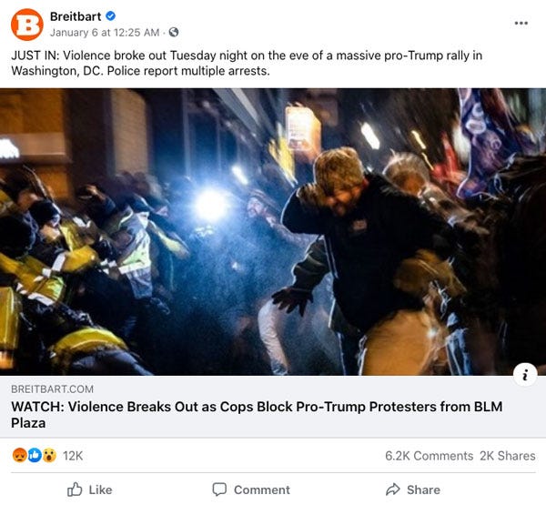 A Facebook Post by Brietbart of their story "Violence Breaks Out as Cops Block Pro-Trump Protesers from BLM"