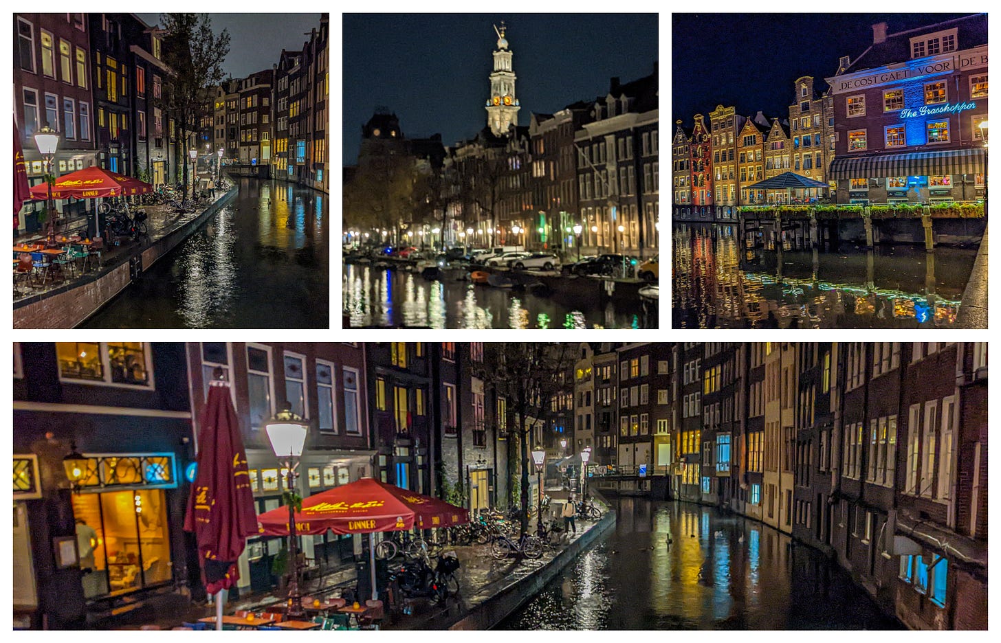 Five pictures of Amstedam's canals at light and lined with tall thin buildings, their lights reflected off of the water. 