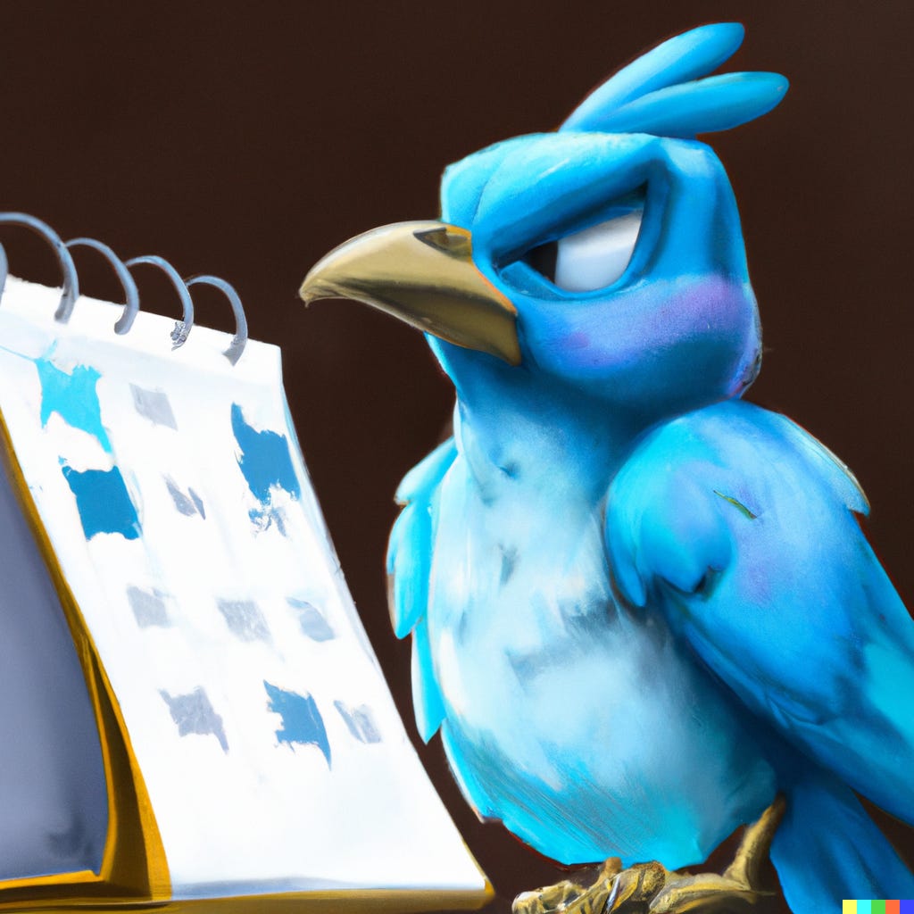 “blue bird looking impatiently at a calendar, digital art” / DALL-E
