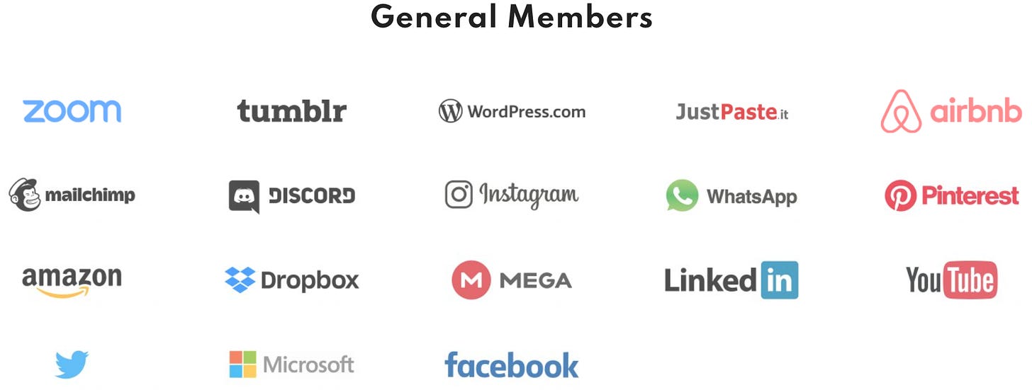 18 logos of internet companies under the heading “General Members”: Zoom, Tumblr, WordPress.com, JustPaste.it, AirBnb, Mailchimp, Discord, Instagram, WhatsApp, Pinterest, Amazon, Dropbox, MEGA, LinkedIn, YouTube, Twitter, Microsoft, Facebook.