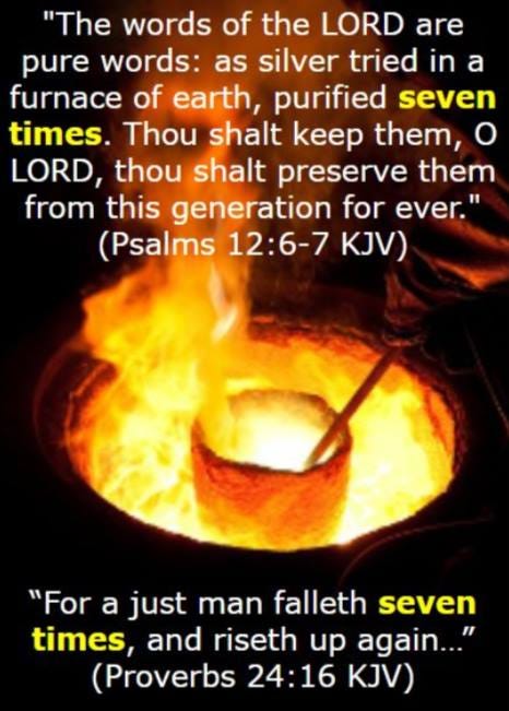 May be an image of fire and text that says ""The words of the LORD are pure words: as silver tried in a furnace of earth, purified seven times. Thou shalt keep them, Ο LORD, thou shalt preserve them from this generation for ever." (Psalms 12:6-7 KJV) "For a just man falleth seven times, and riseth up again..." (Proverbs 24:16 KJV)"