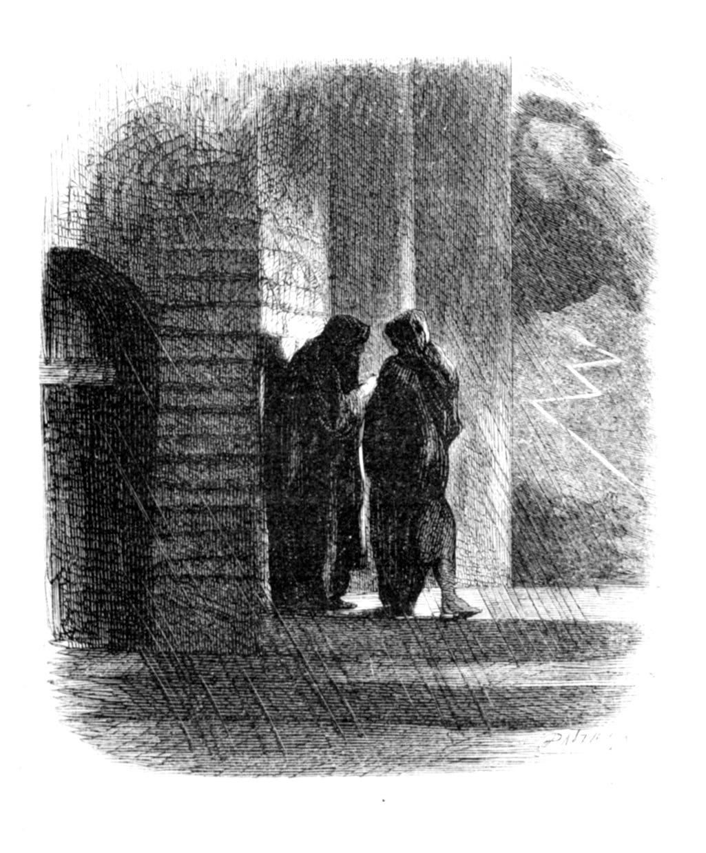 a black and white etching of two figures wearing dark cloaks and standing in the shadows of a building. In the sky beyond them, a huge white bolt of lightning cuts across some clouds.