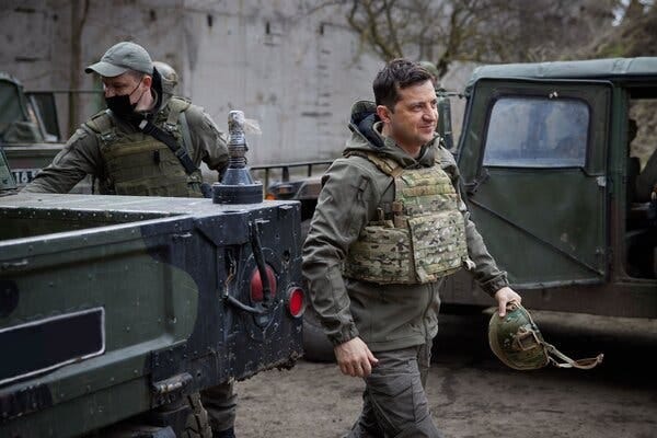 President Volodymyr Zelensky visiting soldiers at the frontline last month.