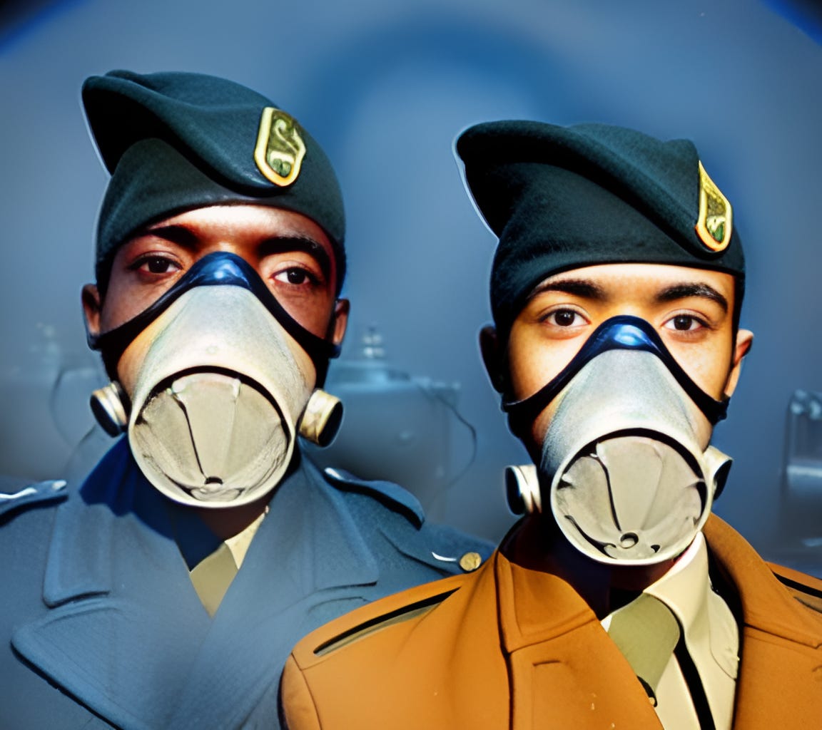 Portrait photo of two soldiers wearing gas masks generated by AI based on a starting image