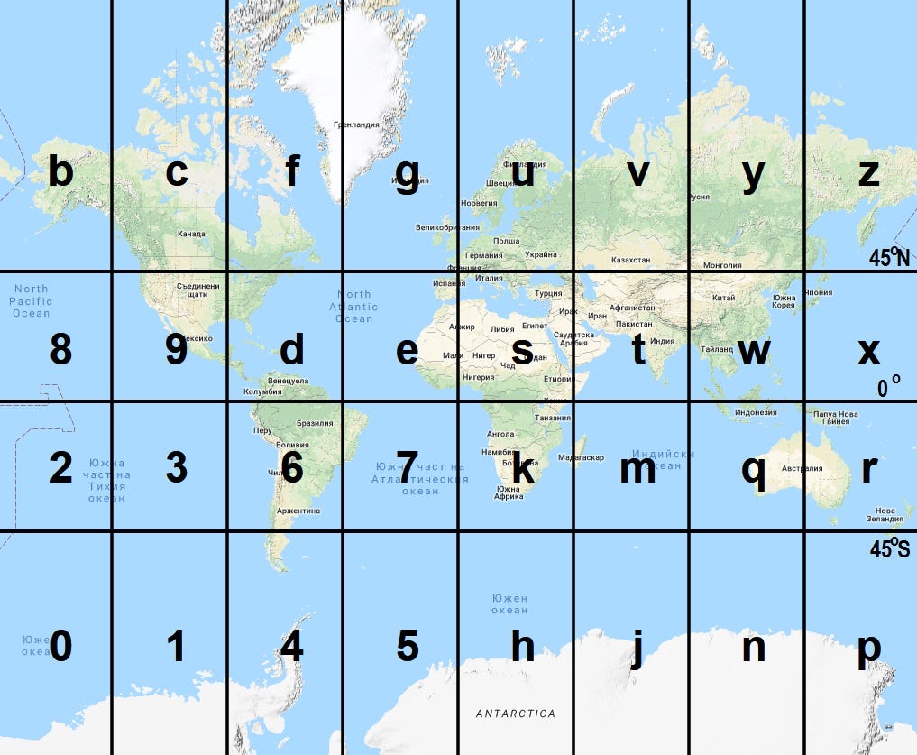 Copied over from Figure 1. Initial Earth map division into 32 spaces using the original Geohash system. Google Map and Google Web Mercator projection are used in this visualisation.  Link: https://petrov.free.bg/academic/publication/geohash-eas-modified-geohash-geocoding-system-equal-area-spaces/