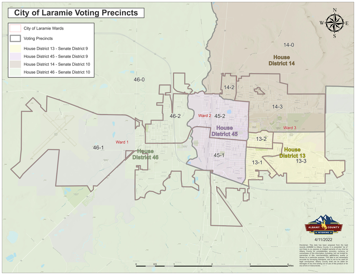 A map of Laramie shows Albany County's 11 precincts.