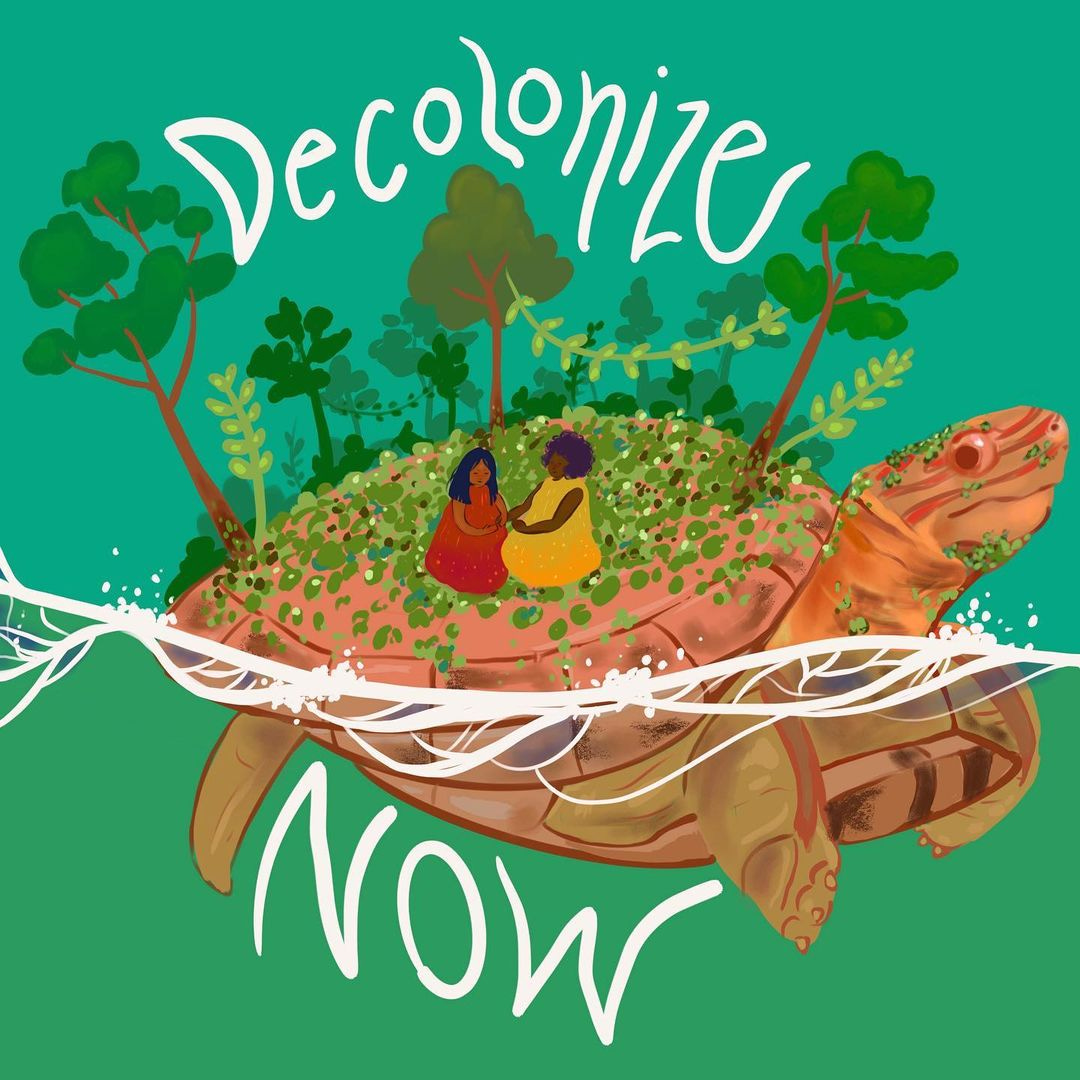 Green background with an illustration of a turtle with a garden and trees on its back and two women holding hands. Text in white says "Decolonize Now".