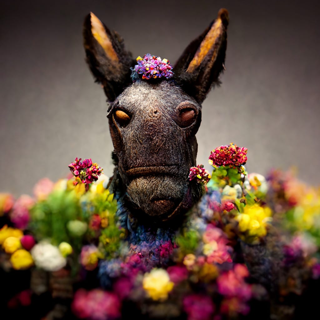 A donkey surrounded by flowers.