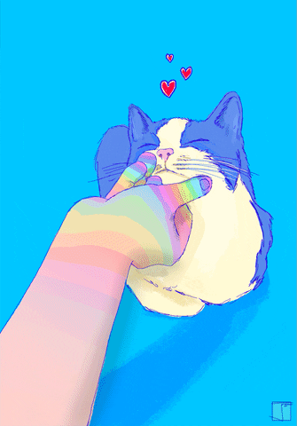 ilustração animada do desenho de um gatinho azul recebendo carinho de uma luz cheia de cores do arco-íris vibrando. fundo azul claro. corações saindo de cima da cabeiça do gato
