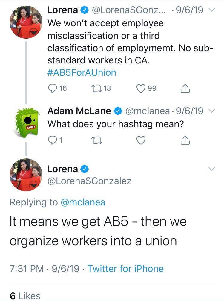 Lorena True Reason for AB5 Union Tweet 09-16-19
