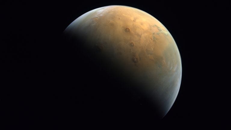 This Feb. 10, 2021 image taken by the United Arab Emirates&#39; "Amal," or "Hope," probe was released Sunday, Feb. 14, 2021, shows Mars