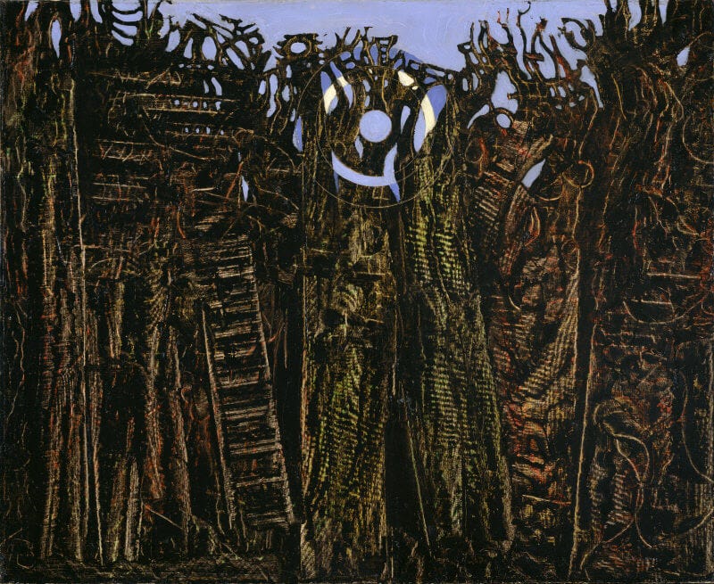 The Forest, 1927-28 - by Max Ernst - a series of black and brown shapes, organised in roughly vertical lines, resembling abandoned wood or coral, but giving the impression of trees, against a light blue background. towards the centre-top of the painting, a series of rings, some overlapping 'the woods', some not, are arranged, giving the impression of a celestial body, maybe the sun or the moon.
