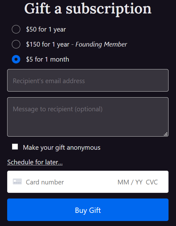 Screenshot of the Gift a subscription screen