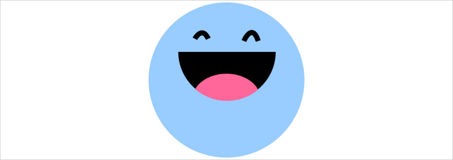 A blue round circle has a happy smile and cheerful eyes.