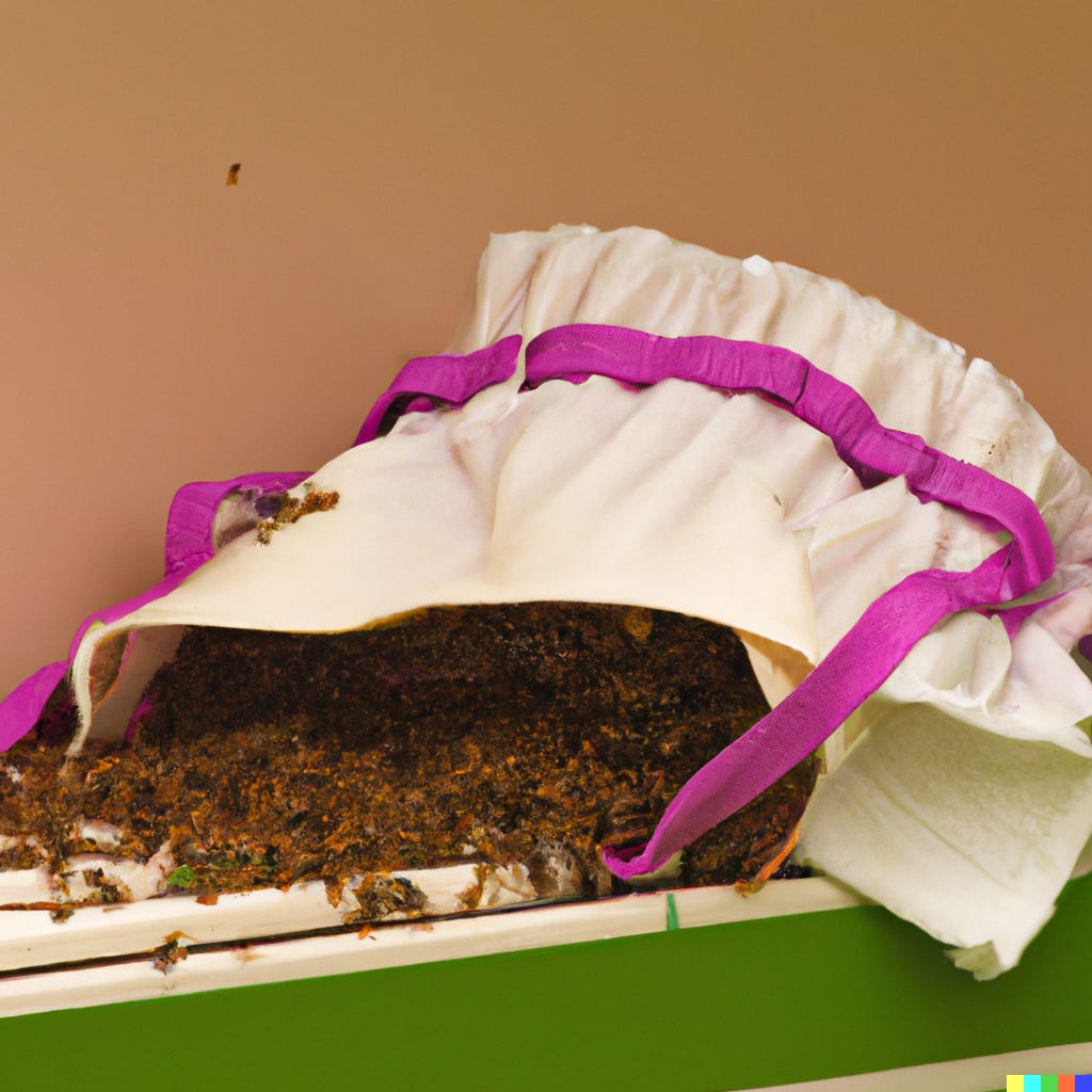 DALL-E image for the prompt “an old skin-bag full of bees.” It’s actually quite a nice looking canvas-type bag with a festive fuchsia ribbon around it, tipped on its side on what could be the top of a beehive box painted bright green. It is indeed full of bees.