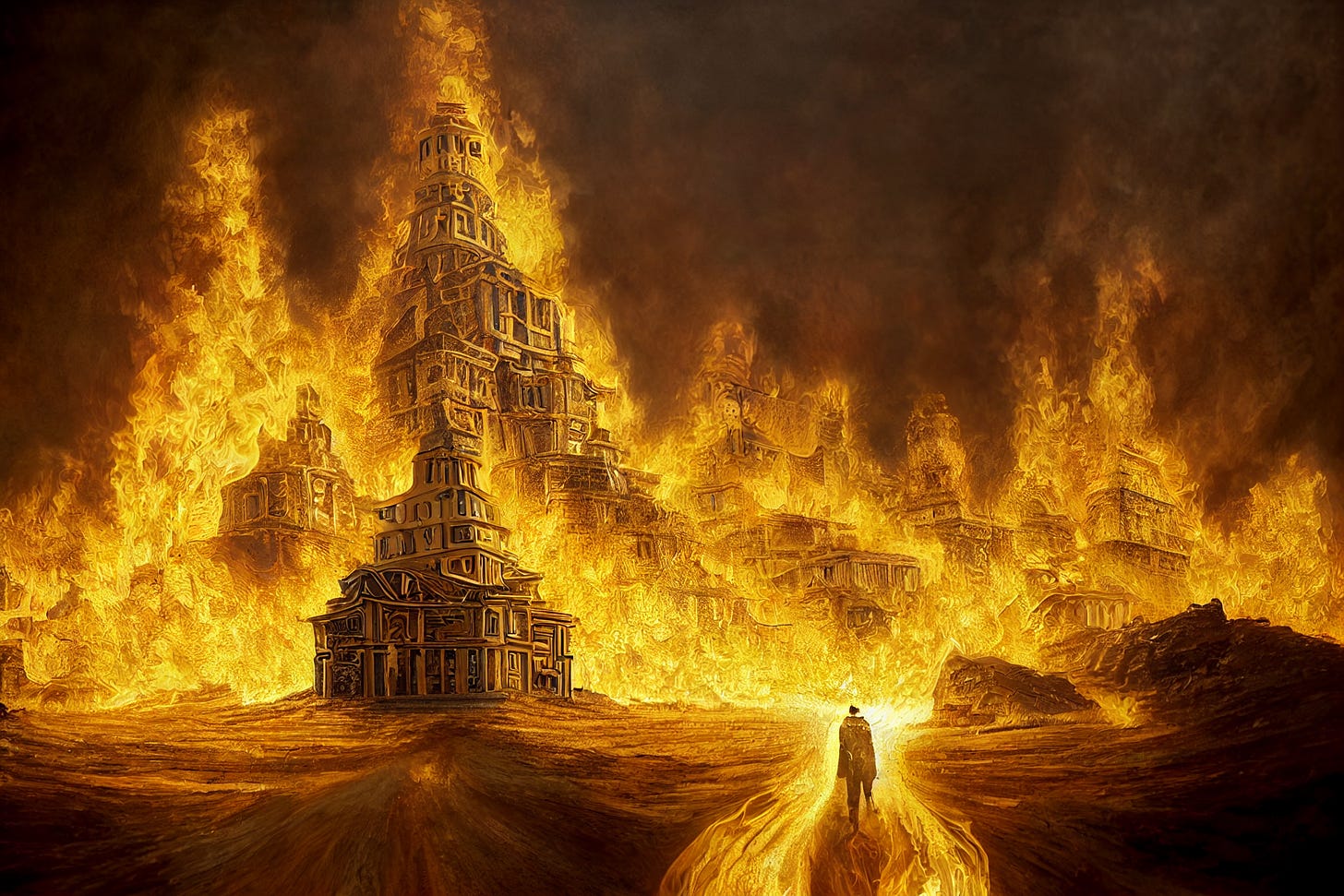 a path of golden bricks leading to a fiery hell classical style
