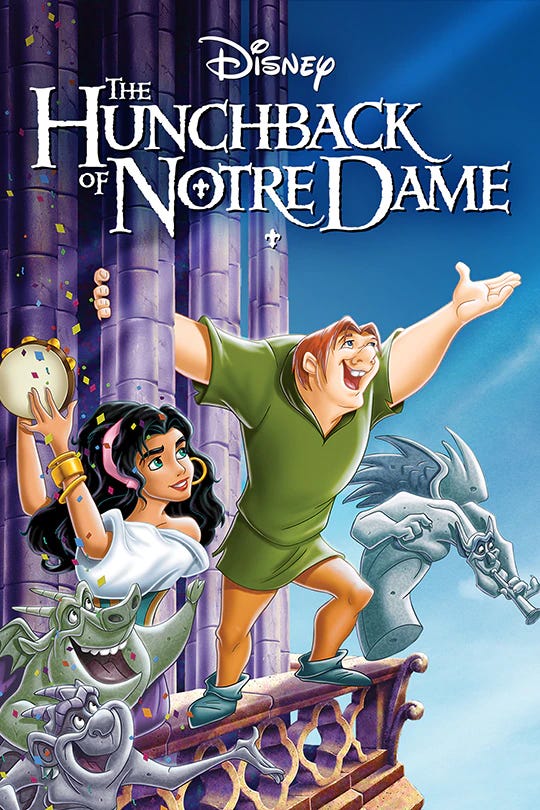 Quasimodo and Esmerelda hanging off of Notre Dame
