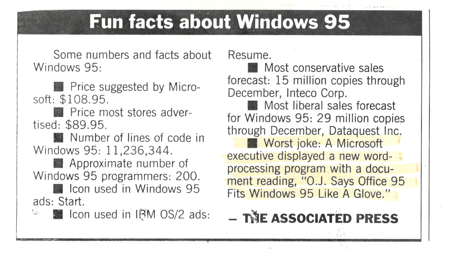 Fun Facts about Windows 95 newspaper clipping from USA Today