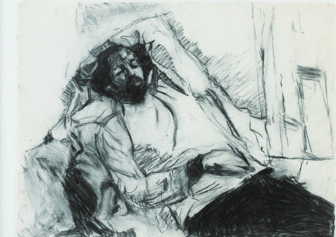 Black and white drawing of a bearded man reclining with one arm above his head and the other resting on his stomach.