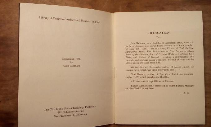 The dedication page for "Howl" by Allen Ginsberg, showing a dedication to Lucien Carr.