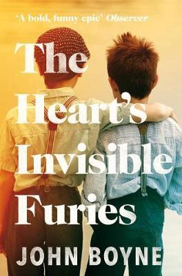 Cover of The Heart’s Invisible Furies — Two young boys stand w/ backs to the camera, the text of the title overlaid on them.