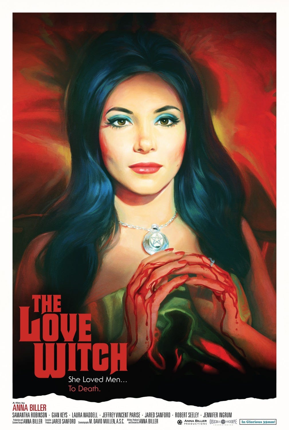 "The Love Witch" poster with Elaine and her clasped hands, as if in mock prayer.