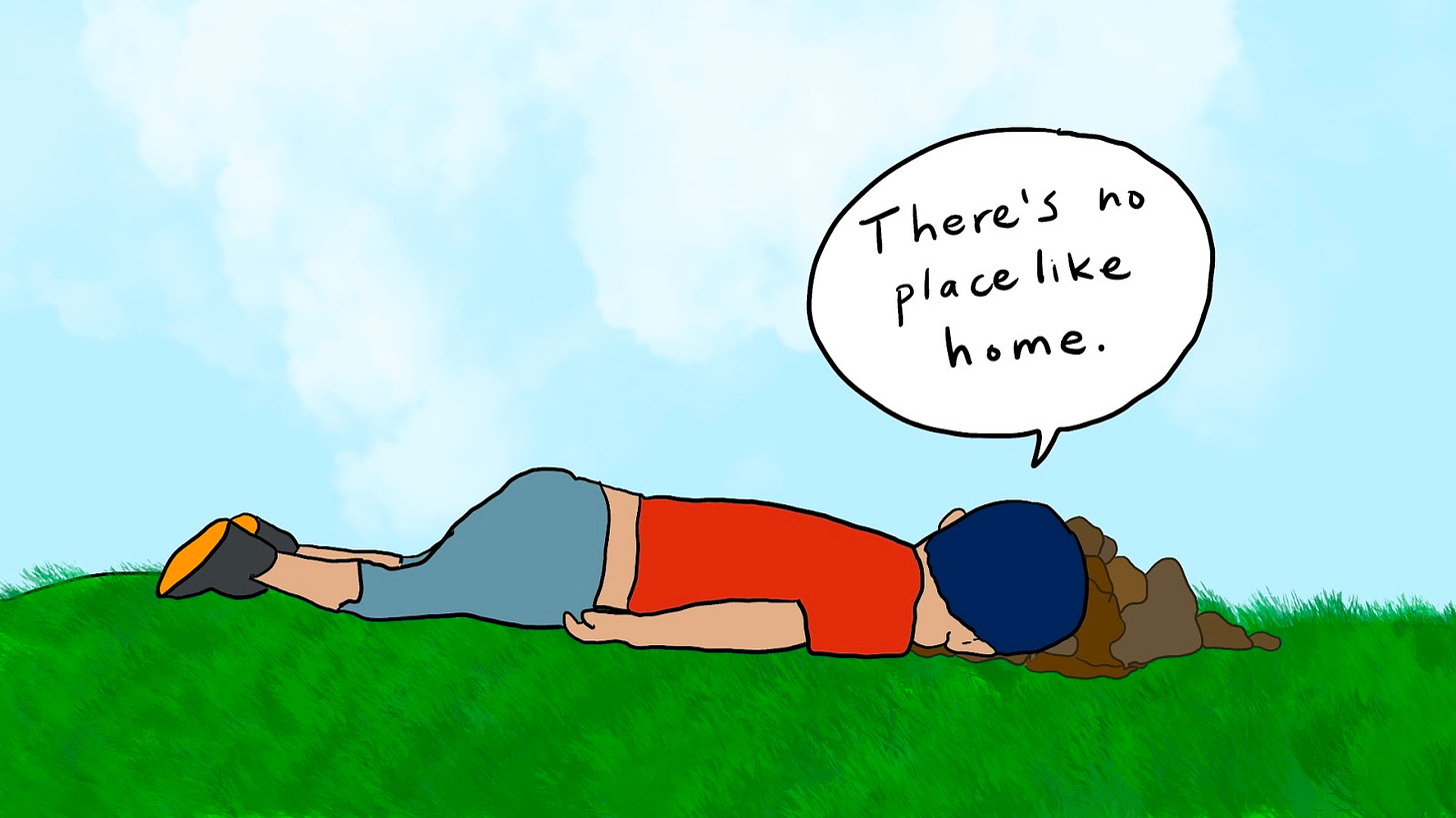 Doodle of a young child lying face down in the grass, in a pile of horse poop. The child says, “There’s no place like home.” It’s a beautiful day out, only slightly cloudy.