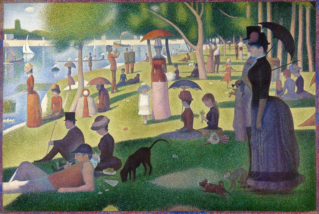 The painting is A Sunday Afternoon on the Island of La Grande Jatte by Georges Seurat. There are guests and animals strewn about the bright green grass of a public park wearing Victorian clothes. There are trees located in the background with water to the very left. The people are painted in a warm tone with pinks, purples, and brown clothing. 