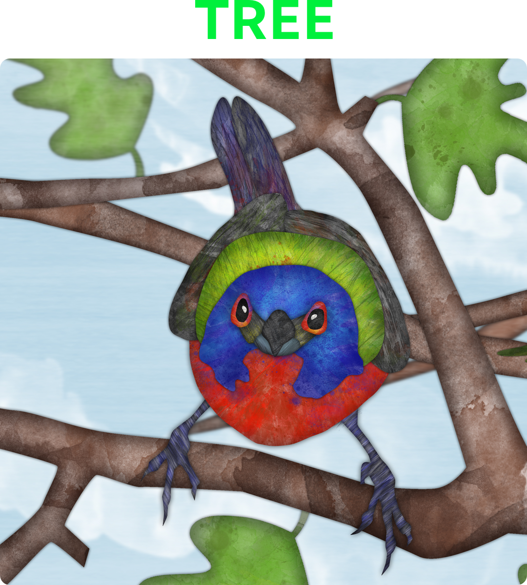 A digital painting of a colourful bird on a tree branch looking straight at the viewer and you know it is taking no shit from anyone.