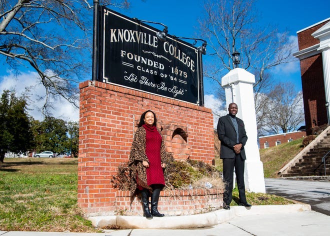 (Left to right) Chief Operating Officer Dasha Lundy and new interim president Leonard Adams of Knoxville College pose in front of the entrance sign at Knoxville College in Knoxville, Tenn., on Friday, Jan. 15, 2021. 