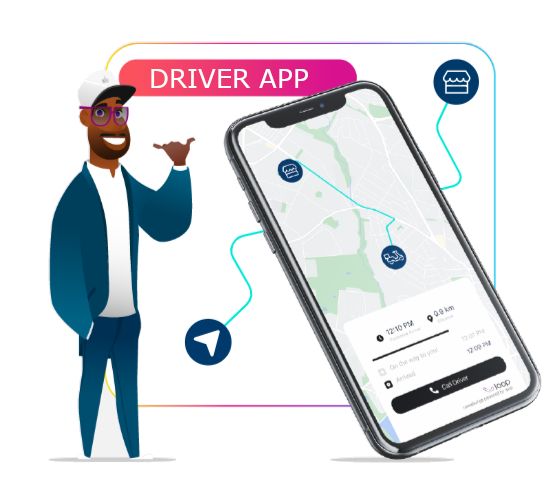 Cartoon image of driver in a cap, next to a phone showing a mobile app with a bike en-route to destination