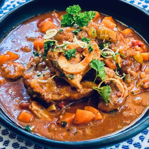 A rich stew in a slow cooker