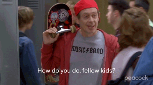 A GIF showing an older man walking into a highschool dressed as a teenager, saying "How do you do, fellow kids?"