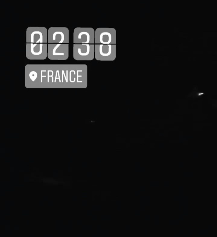 Screenshot of an Instagram story of a motorway in darkness, with the time 02:48 in the corner and the location 'France'