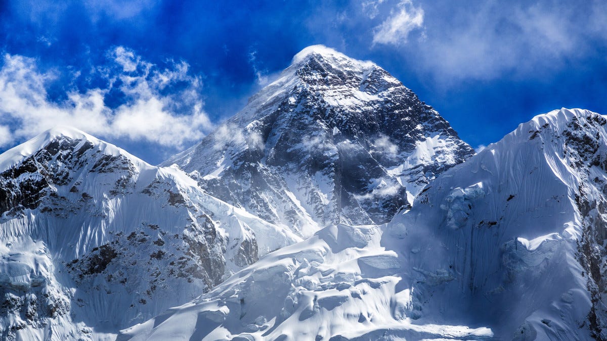 The summit of Everest with a snowy cap.